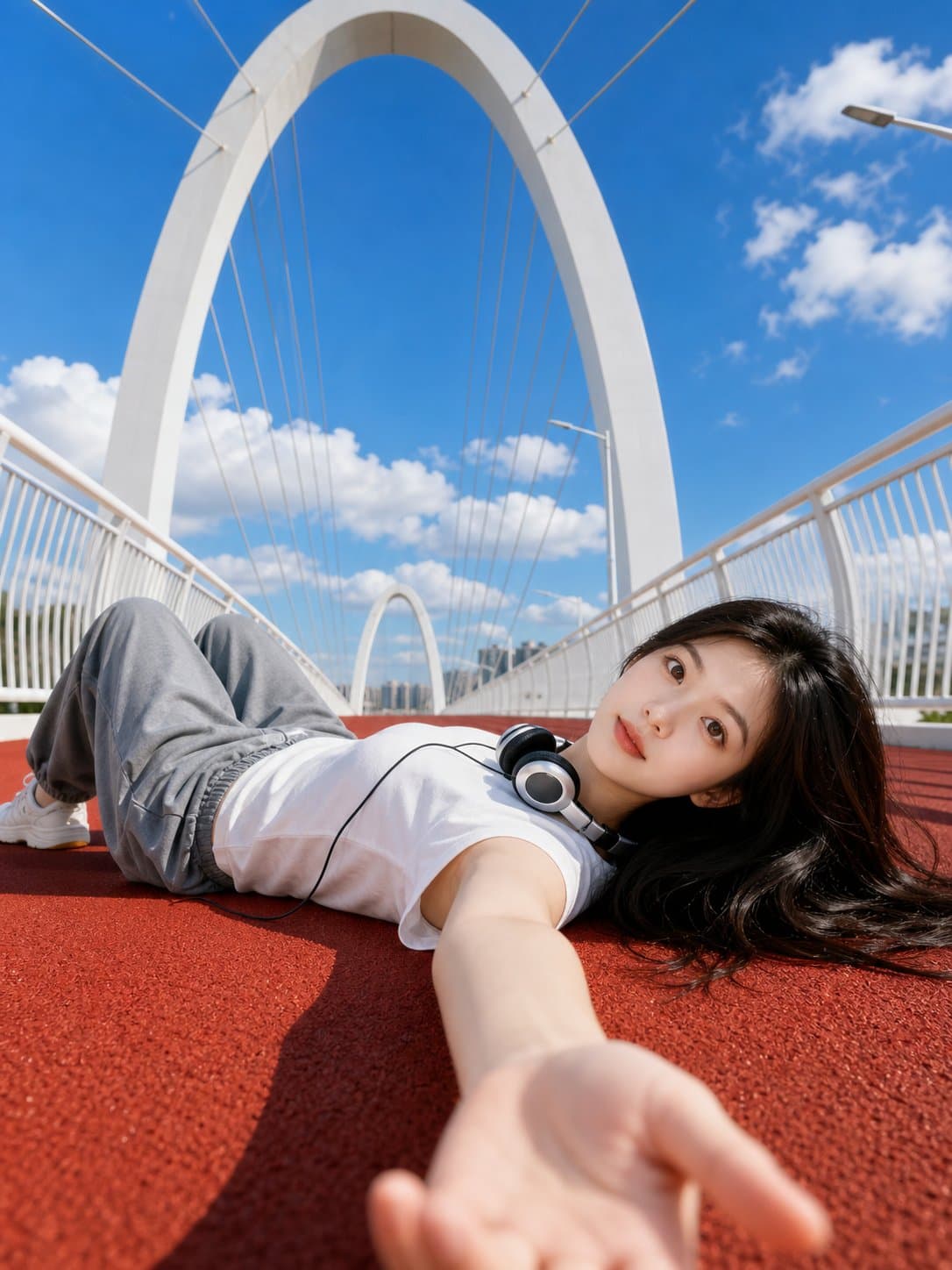파란 하늘 아래 누운 성인 여성, 로우앵글 시점, 헤드폰, 밝은 애슬레틱 스타일링이 있는 빨간 러닝 트랙 여름 포트레이트.