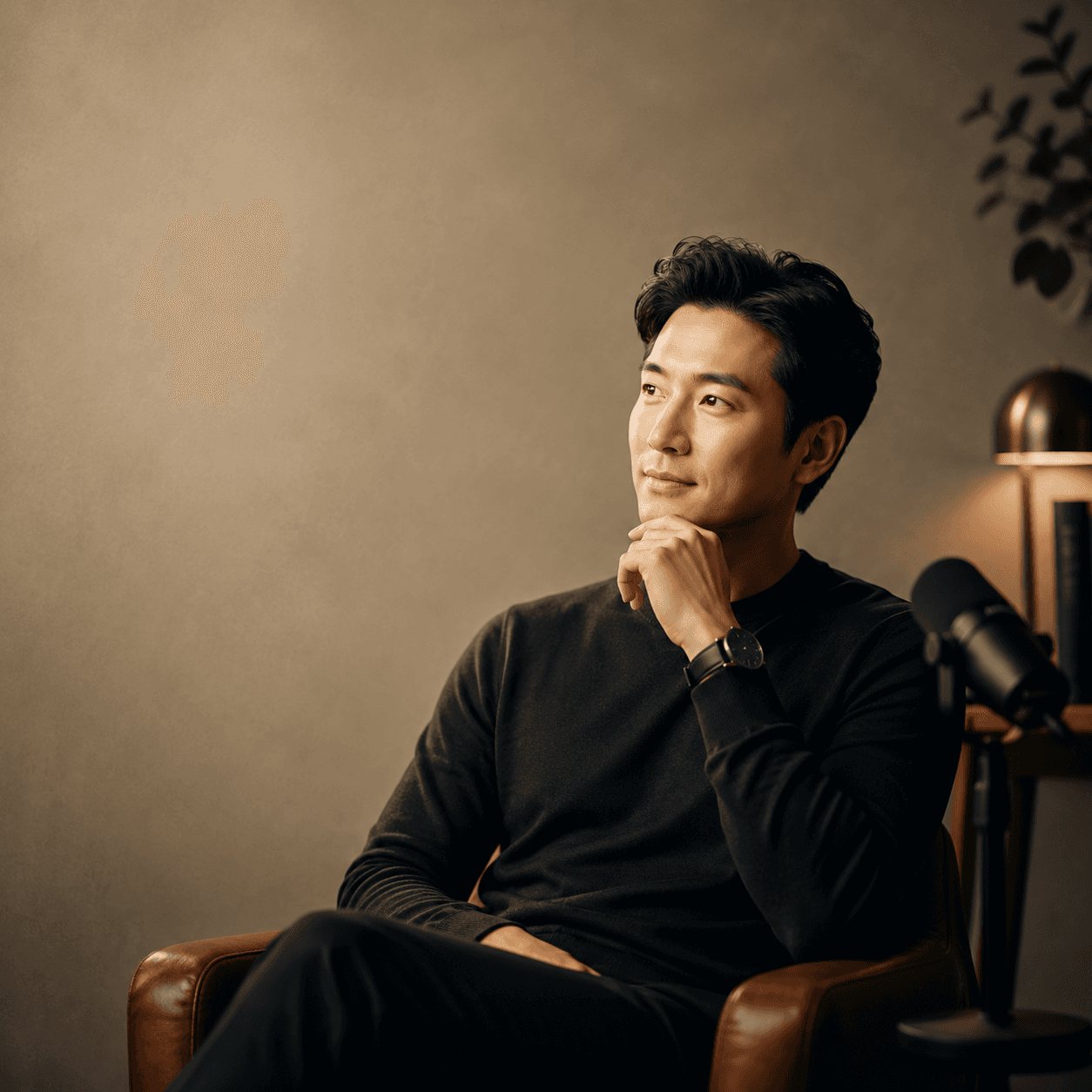 따뜻한 스튜디오 조명과 깔끔한 배경이 있는 에디토리얼 팟캐스트 커버 포트레이트.