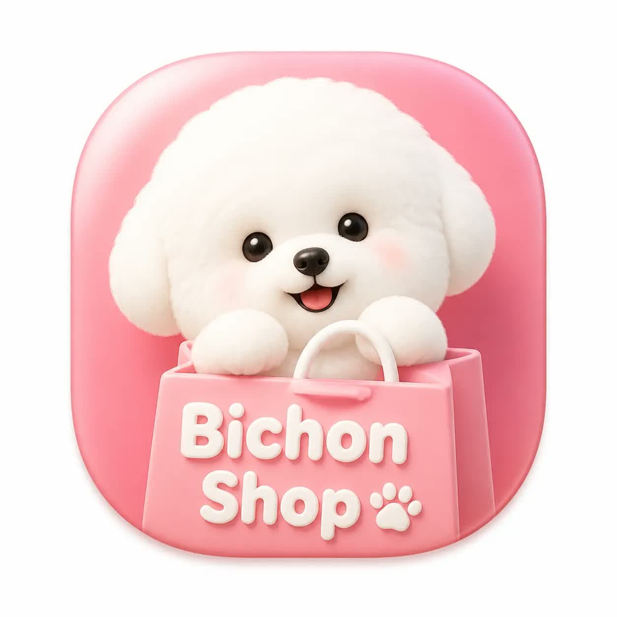 둥근 스쿼클 형태, 흰색 캔버스 여백, 세련된 입체 조명이 있는 Bichon Shop용 밝은 스큐어모픽 macOS 앱 아이콘.