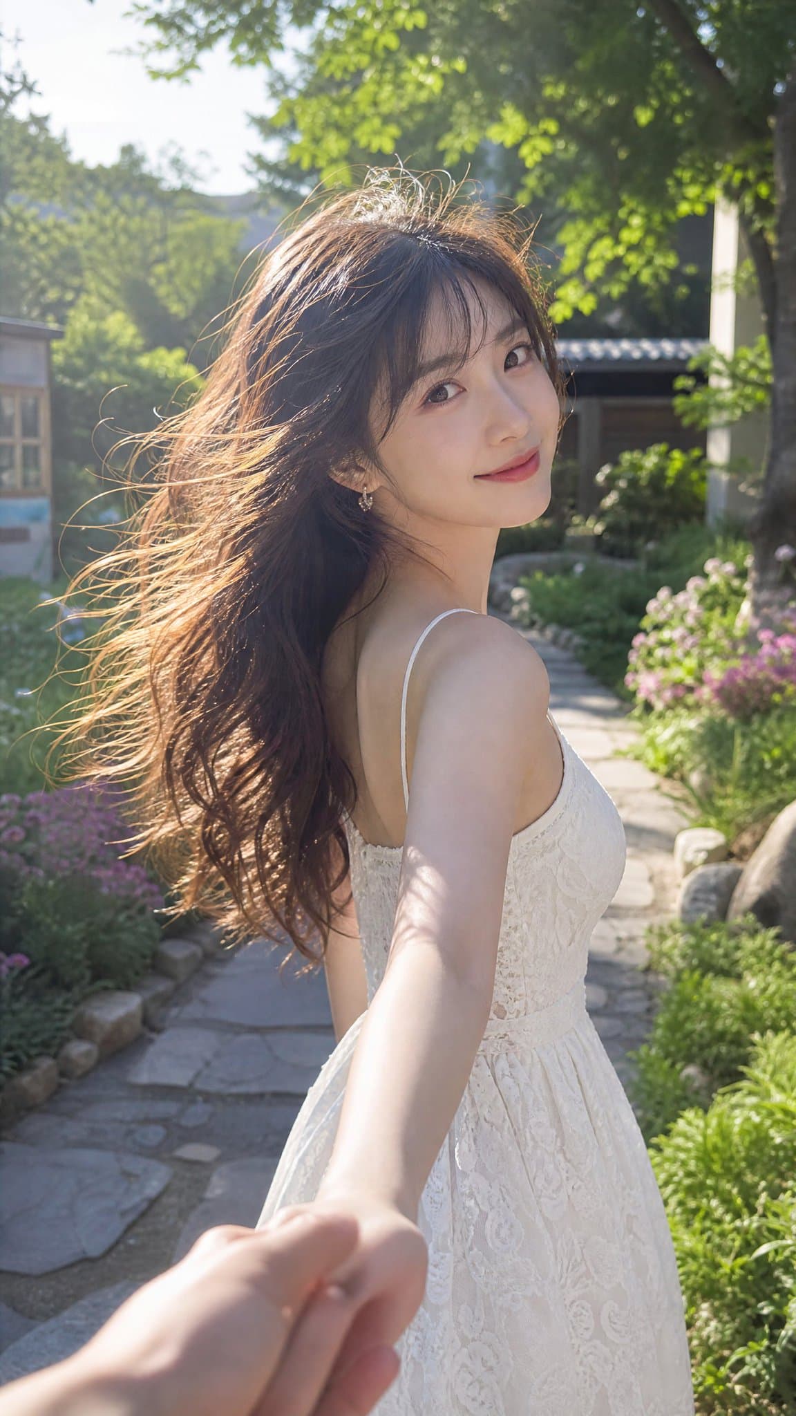 손을 잡고 뒤를 돌아보는 여성, 림 라이트 헤어, 부드러운 정원 배경이 있는 시네마틱 여름 커플 POV 포트레이트.