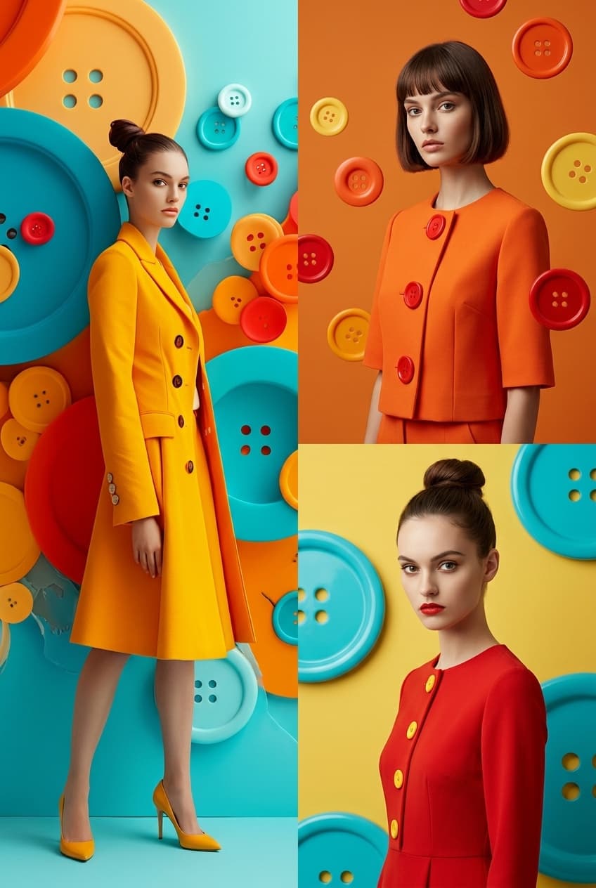 Colorful button fashion campaign with adult model, oversized glossy 3D buttons, split-frame studio layout, and vibrant editorial styling.