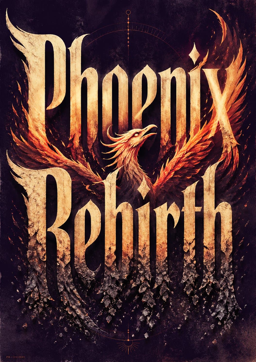 높은 디스스트레스 레터링, 불사조 날개, 불꽃 아크, 불씨 빛, 재 질감이 있는 Phoenix Rebirth 문구의 어두운 컨셉추얼 타이포그래피 포스터.