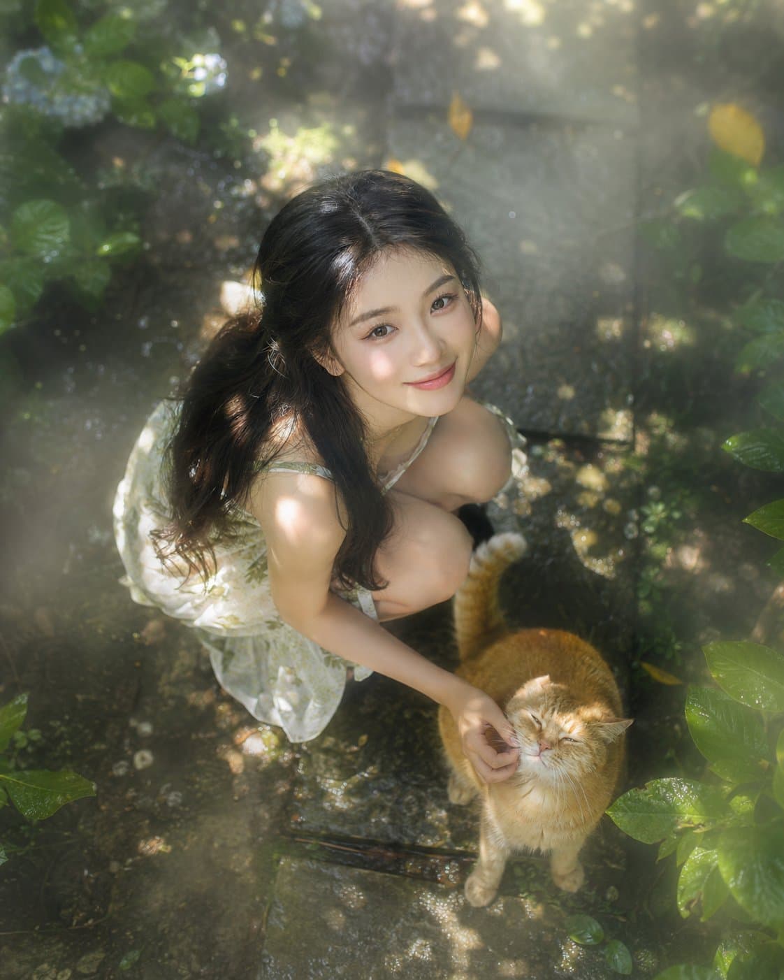 작은 주황 반려동물과 함께 길에 무릎 꿇은 성인, 부드러운 안개, 나뭇잎 그림자, 따뜻한 탑뷰 빛이 있는 햇살 얼룩 정원 포트레이트.