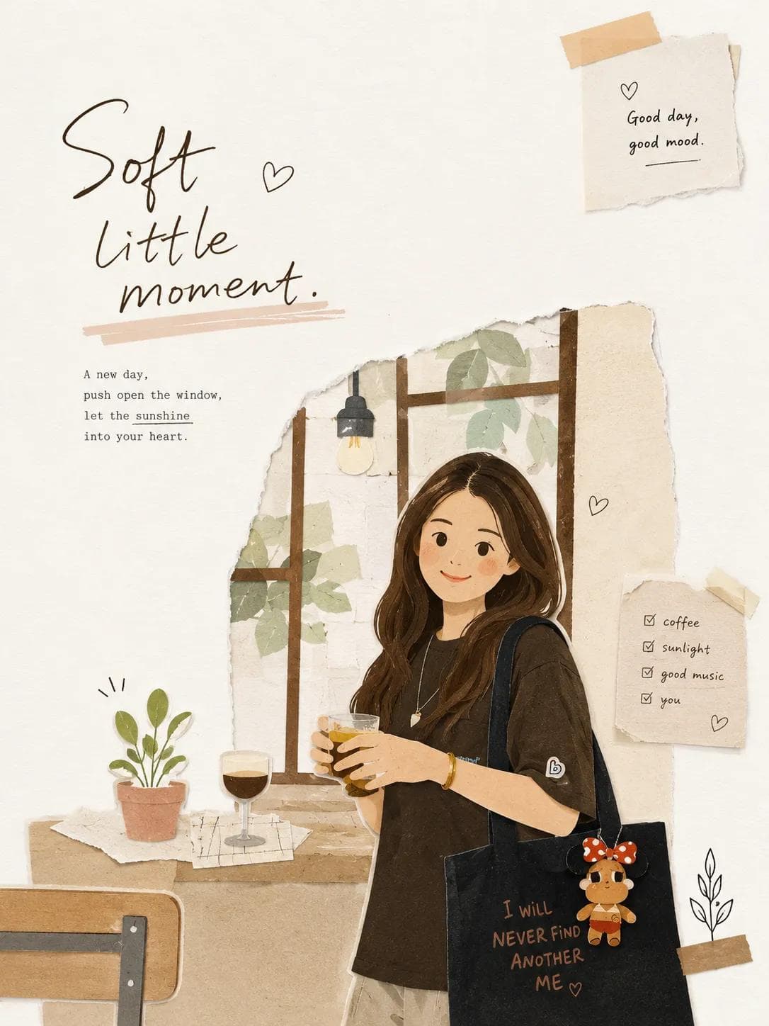찢긴 종이 가장자리, 파스텔 텍스처, 두들 액센트, 스티키 노트, 커피잔, 깔끔한 화이트 스페이스가 있는 미니멀 에디토리얼 페이퍼 콜라주 리믹스.