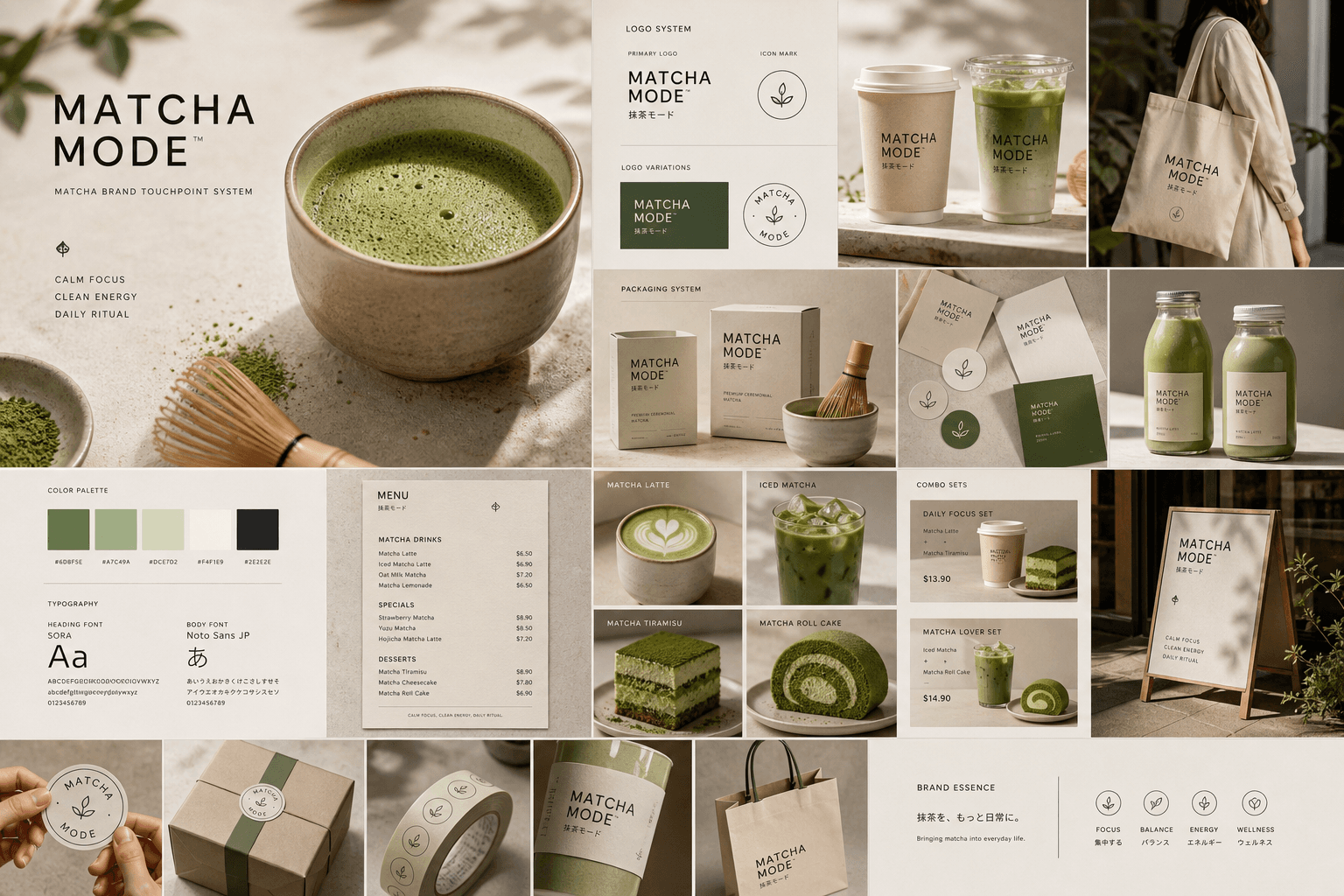 완전한 Matcha Mode 비주얼 보드가 있는 Gemini AI 말차 브랜드 사진 프롬프트 복사 붙여넣기 예시.