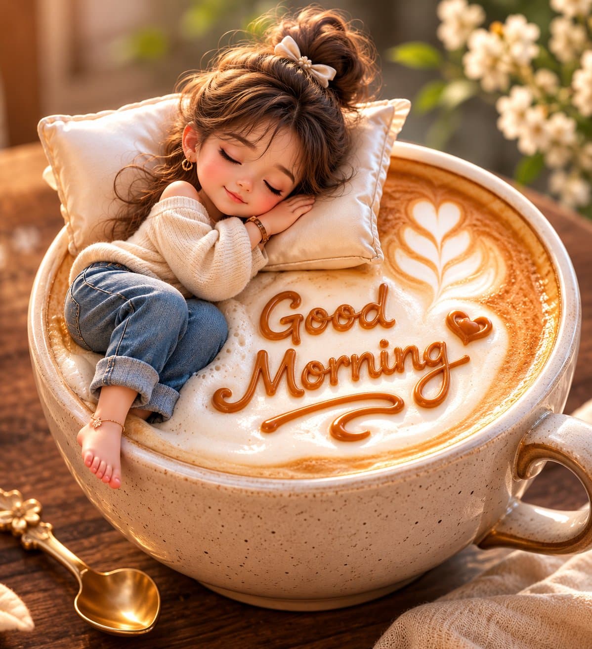 크리미 라떼 컵 위 잠든 캐릭터와 Good Morning 레터링이 있는 아늑한 3D 미니어처 씬.