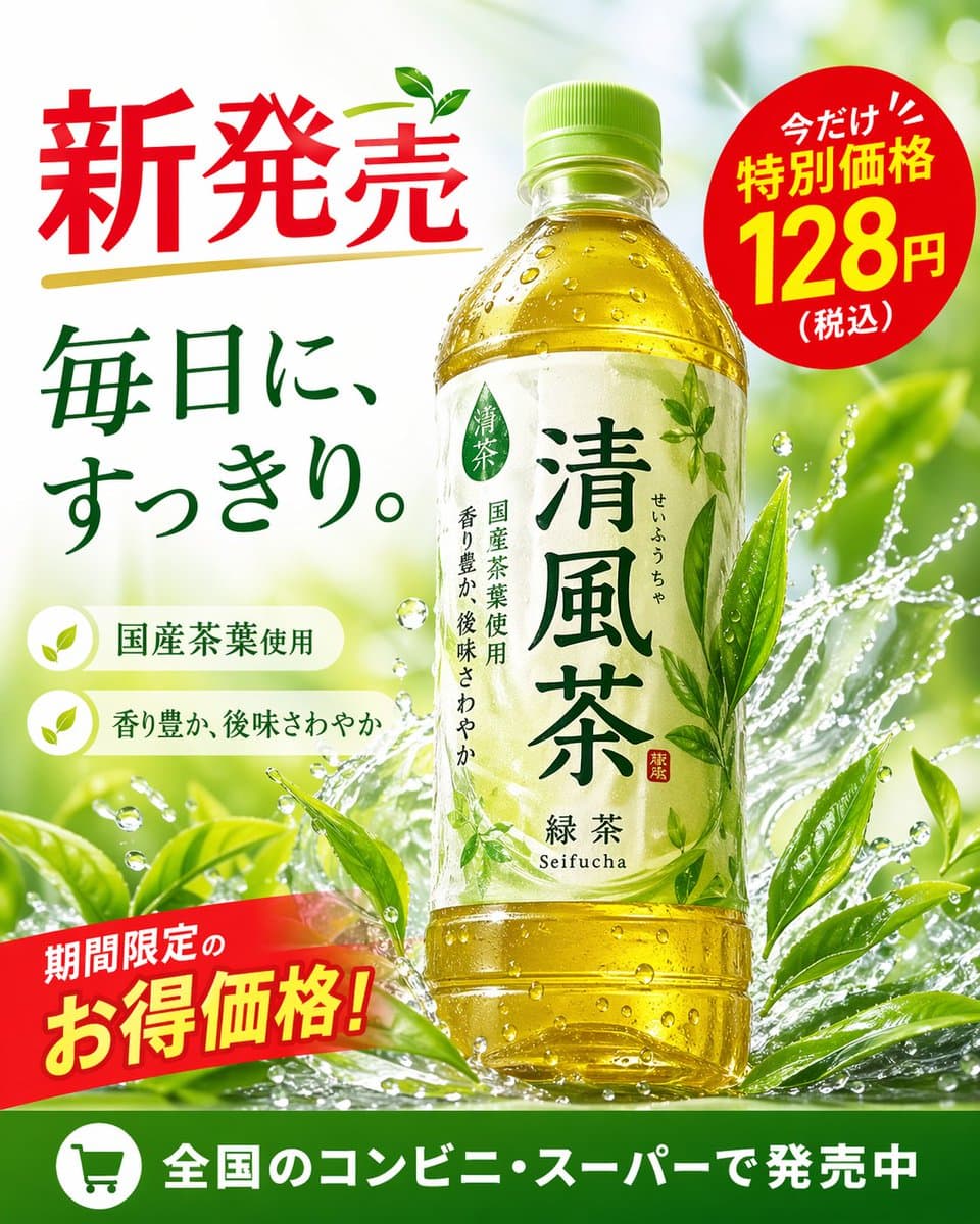 차가운 PET 병, 결로, 시트러스 가니시, 떠다니는 찻잎, 얼음, 신선한 상업 조명이 있는 녹차 음료 광고 포스터.