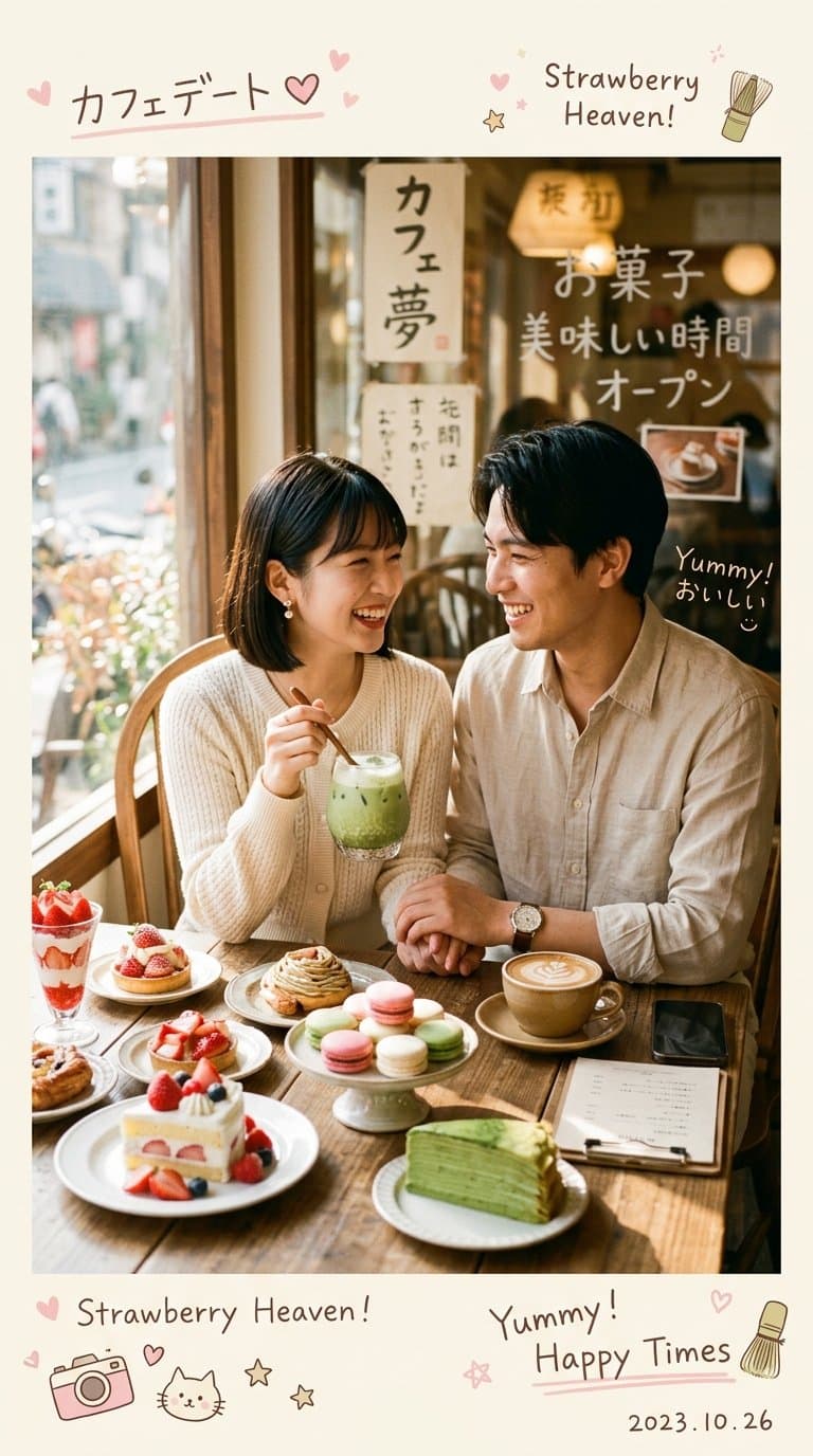 스타일리시한 성인 커플, 아늑한 디저트, 말차 라떼, 부드러운 창가 빛, 라이프스타일 에디토리얼 무드가 있는 한일 카페 커플 사진.