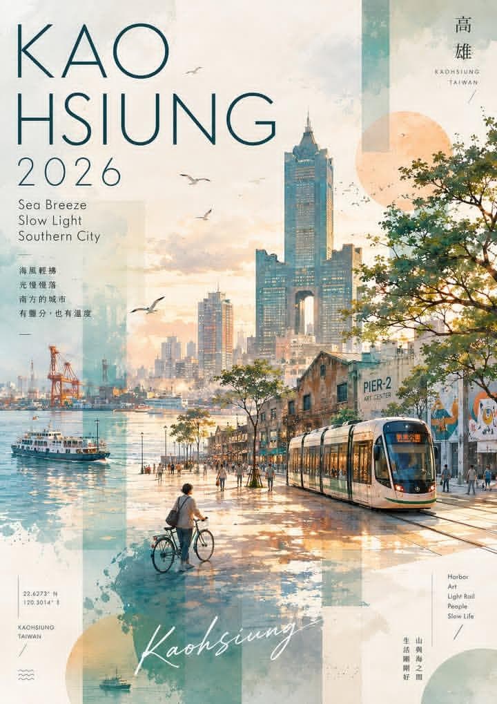 Watercolor Kaohsiung travel poster with a waterfront promenade, light rail, skyline, harbor, and collage textures.