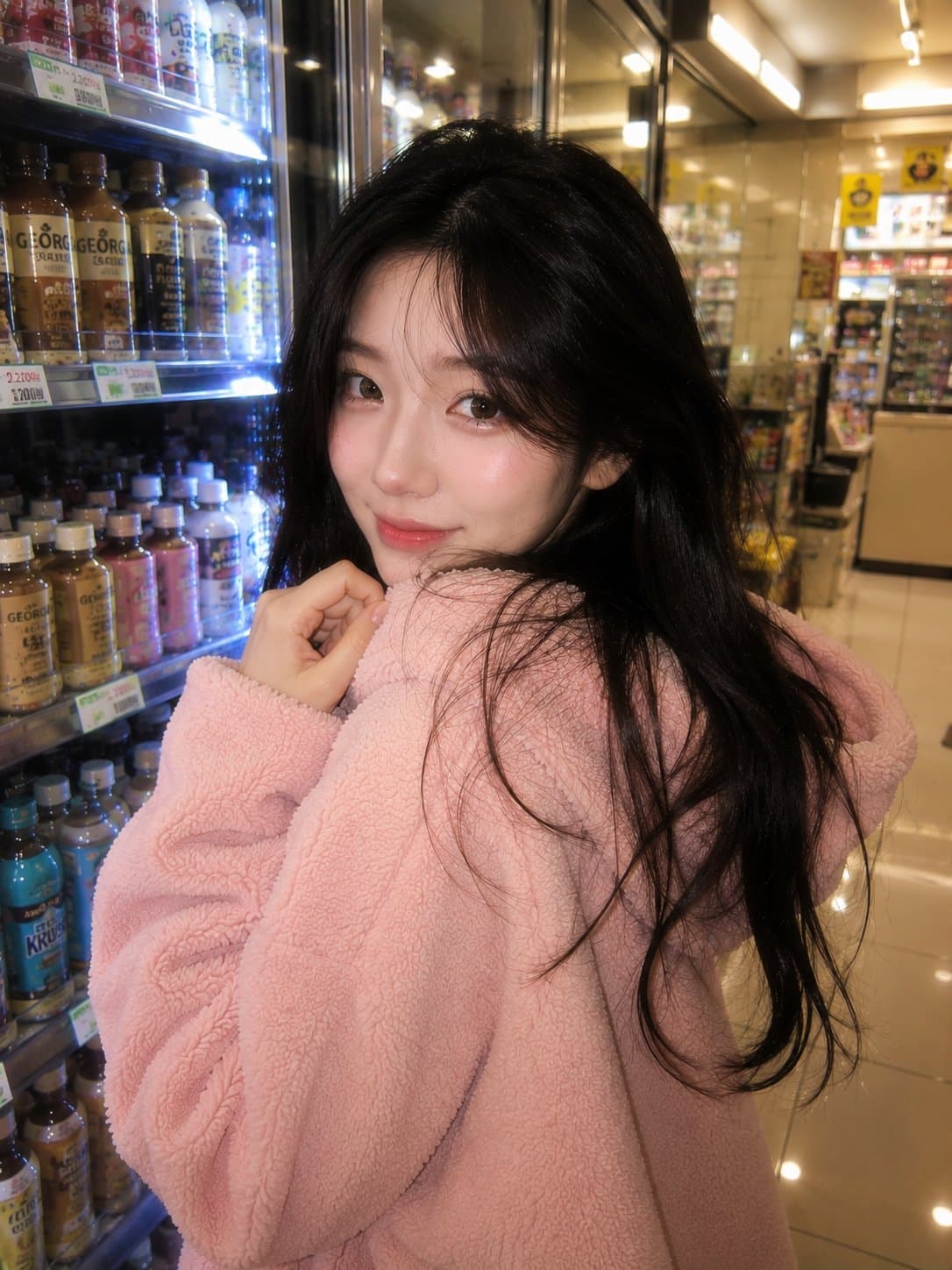 형광 매장 빛, 젖은 보도 반사, 캐주얼 스트리트웨어, 시네마틱 비 분위기가 있는 서울 심야 편의점 포트레이트.