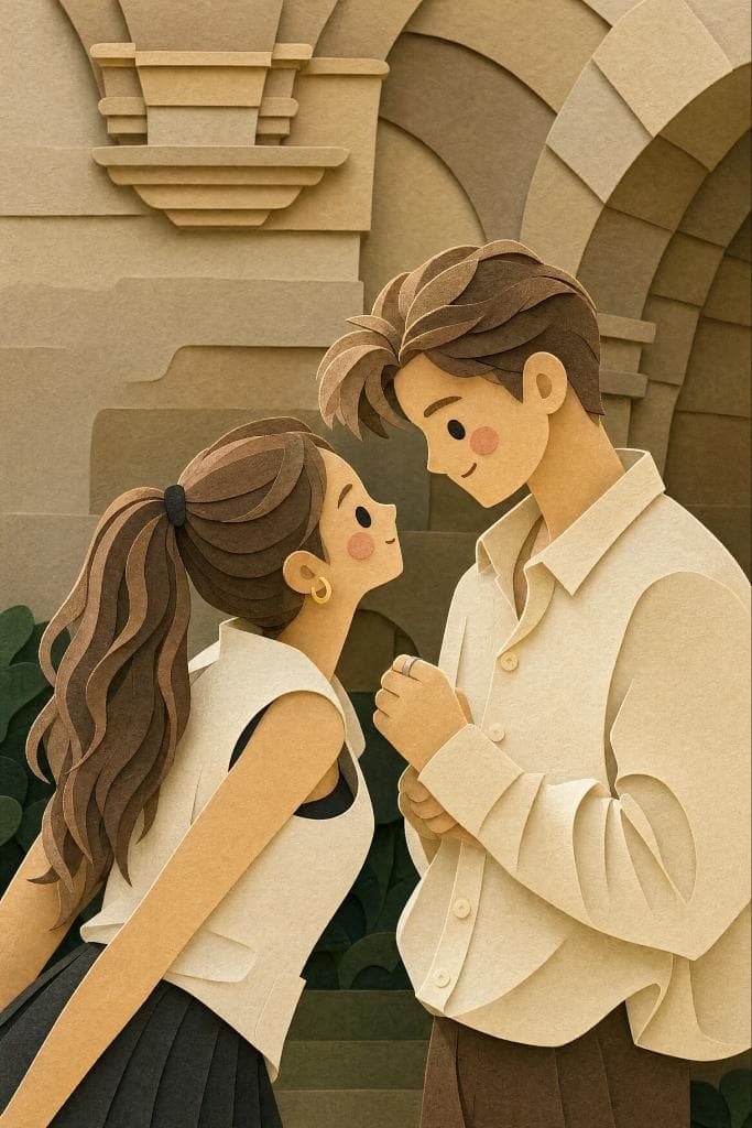 두 명의 오리지널 성인 캐릭터, 쌓인 종이 레이어, 둥근 컷 가장자리, 따뜻한 그림자, 핸드메이드 질감이 있는 레이어드 페이퍼크래프트 커플 디오라마.