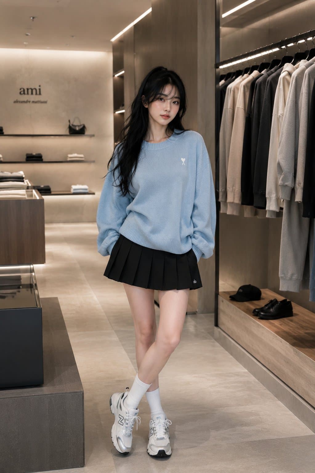 파스텔 니트웨어, 플리츠 스커트, 따뜻한 앰비언트 조명이 있는 미니멀 리테일 인테리어의 전신 부티크 패션 룩북 포트레이트.