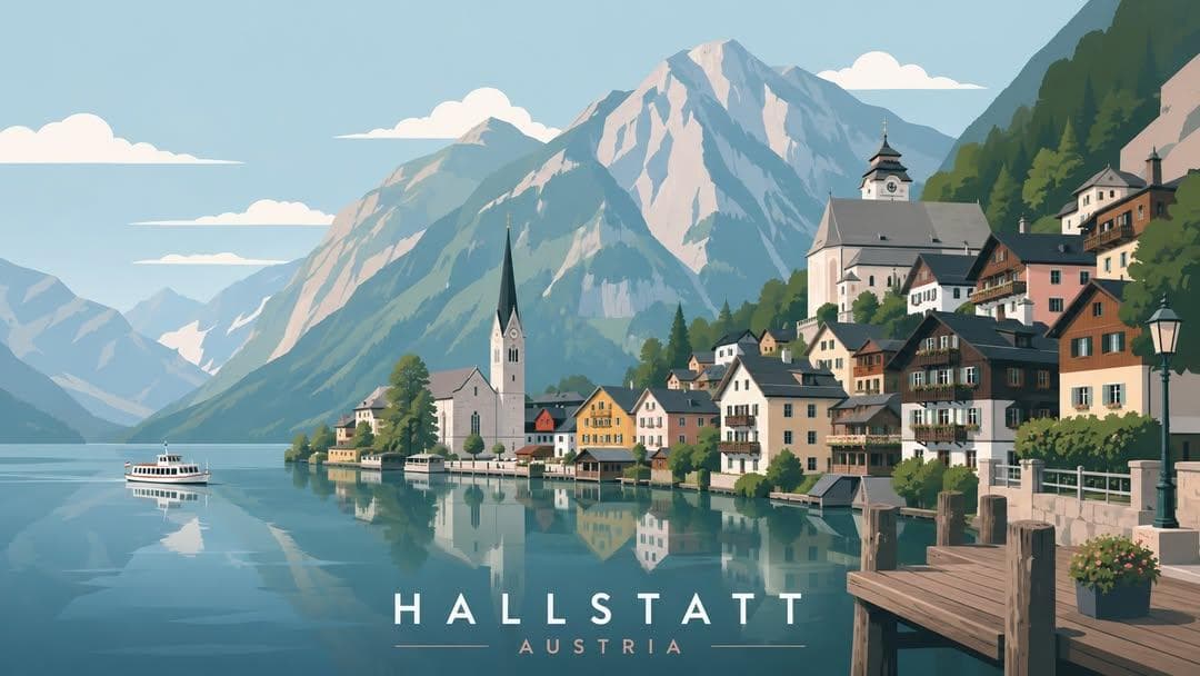 Hallstatt, Bergen, Kyoto, Santorini를 깔끔한 벡터 스타일로 담은 미니멀리스트 플랫 여행 포스터 시리즈.