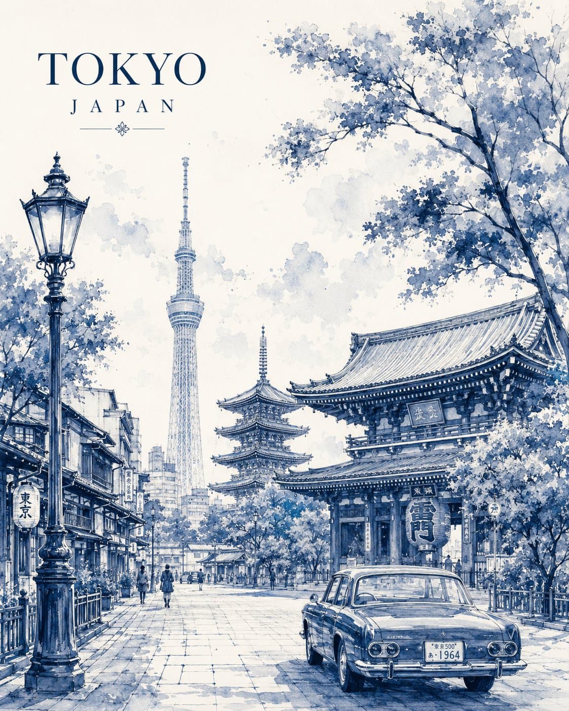 Monochrome watercolor city travel poster with landmark architecture, ink linework, refined typography, and clean negative space.