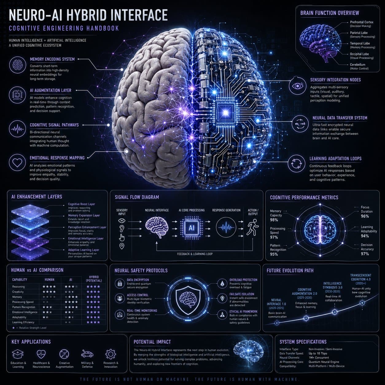 뇌와 회로 융합, 과학 콜아웃, 메트릭, 모듈형 UI 패널이 있는 뉴로-AI 하이브리드 인터페이스 인포그래픽.