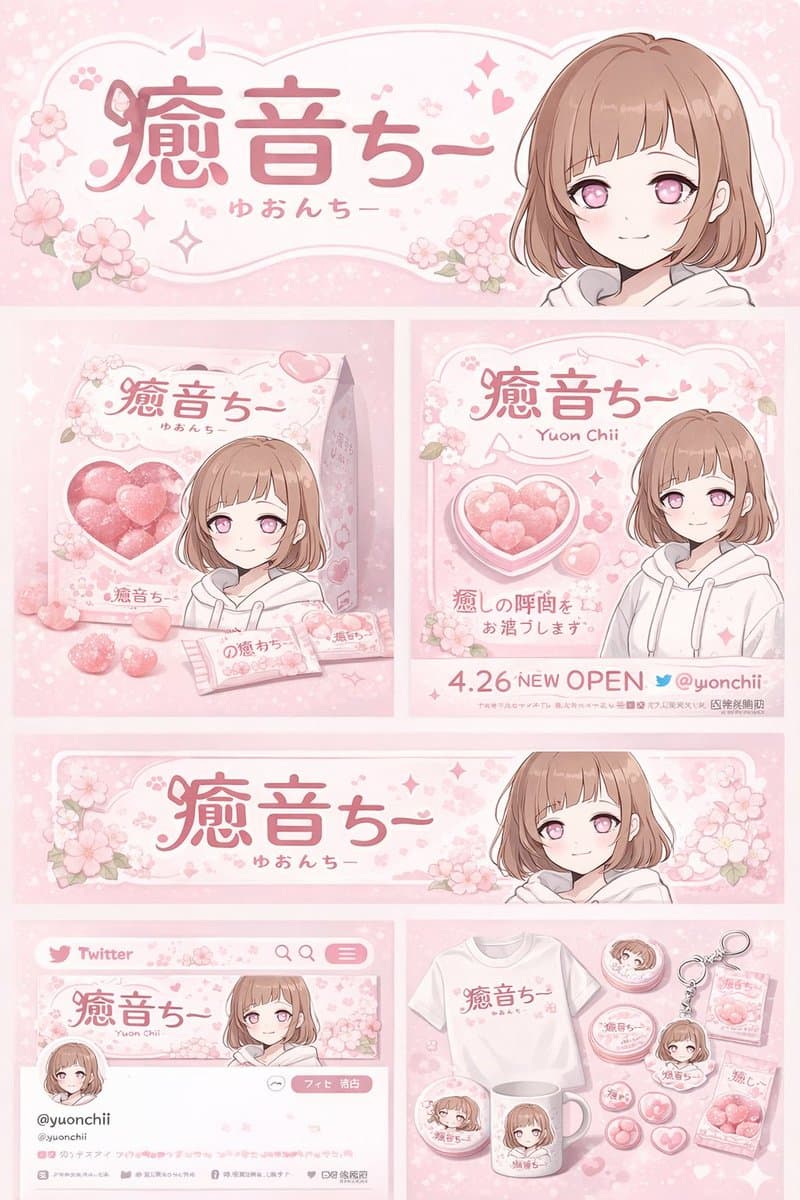 로고, 마스코트, 컬러 팔레트, 패키징 목업, 토트백, 스티커 시트, 소셜 미디어 카드가 있는 파스텔 브랜드 머천다이즈 아이덴티티 보드.