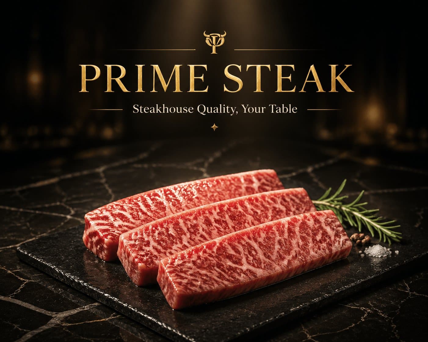 스테이크 컷, 셸피시, 다크 스톤 표면, 드라마틱 레스토랑 스포트라이트, 세련된 브랜드 타이포그래피가 있는 프리미엄 미트·시푸드 히어로 이미지.