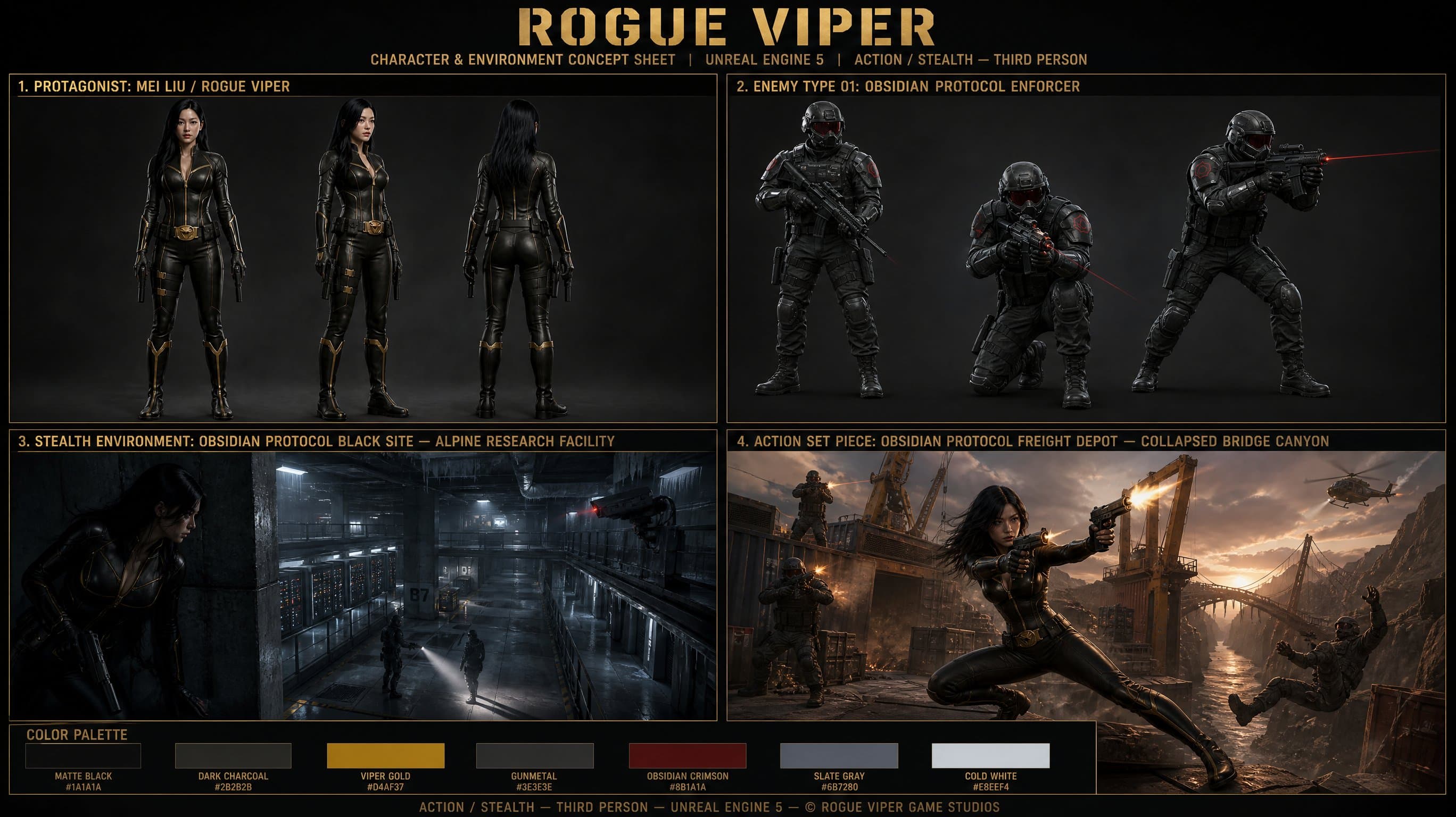 캐릭터 턴어라운드 패널, 적 집행자, 스텔스 시설, 액션 씬이 있는 Rogue Viper 게임 콘셉트 시트.