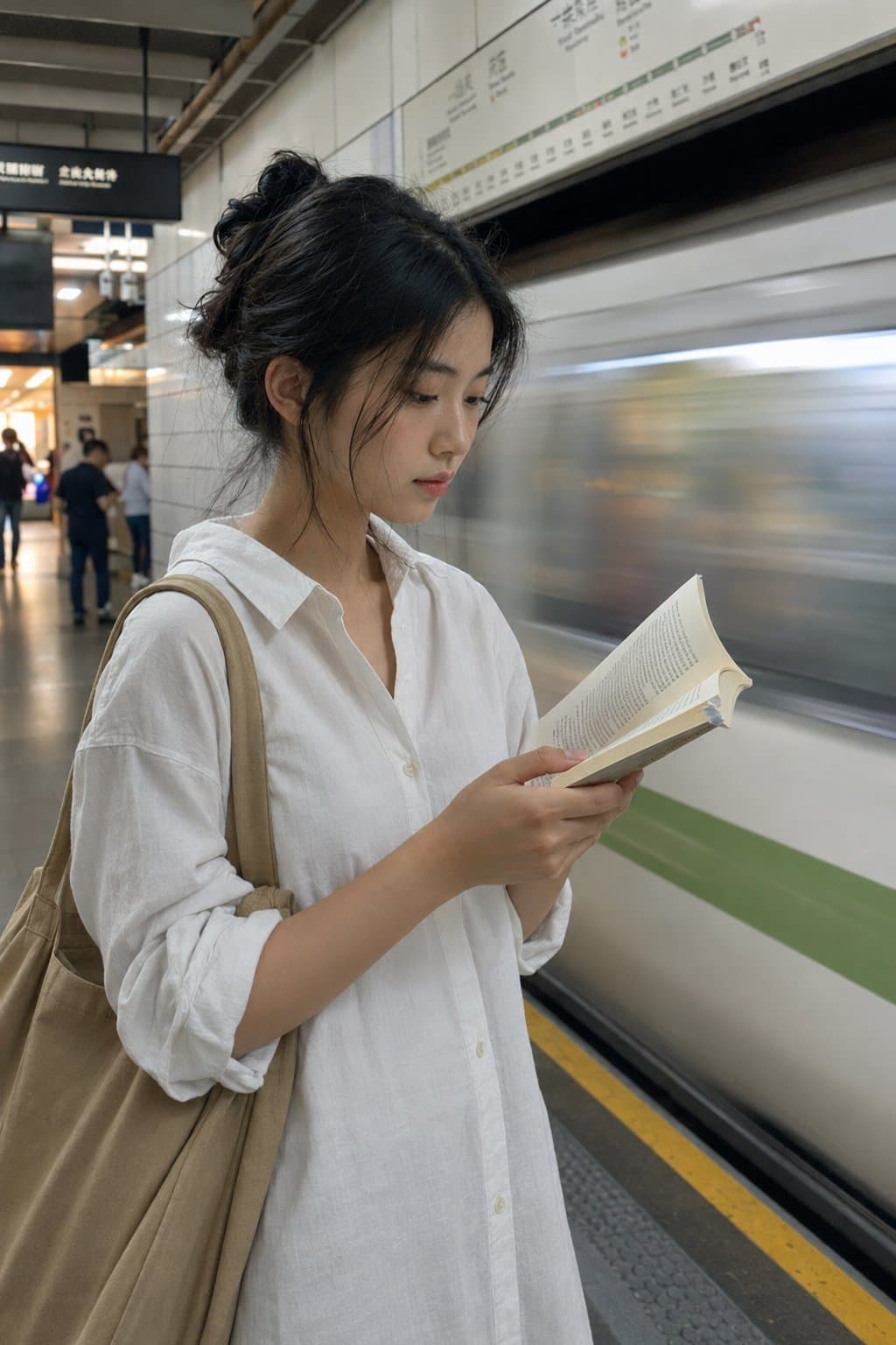 아침 출근 중 책을 읽는 젊은 여성과 뒤쪽 블러 처리된 열차가 있는 캐주얼 상하이 메트로 플랫폼 사진.