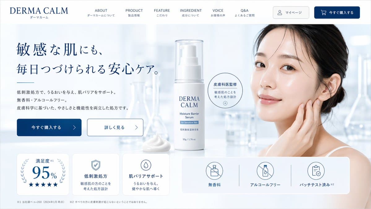 제품 히어로, 베네핏 카드, 성분 하이라이트, 리뷰, 전환 CTA 섹션이 있는 프리미엄 스킨케어 이커머스 랜딩 페이지 목업.