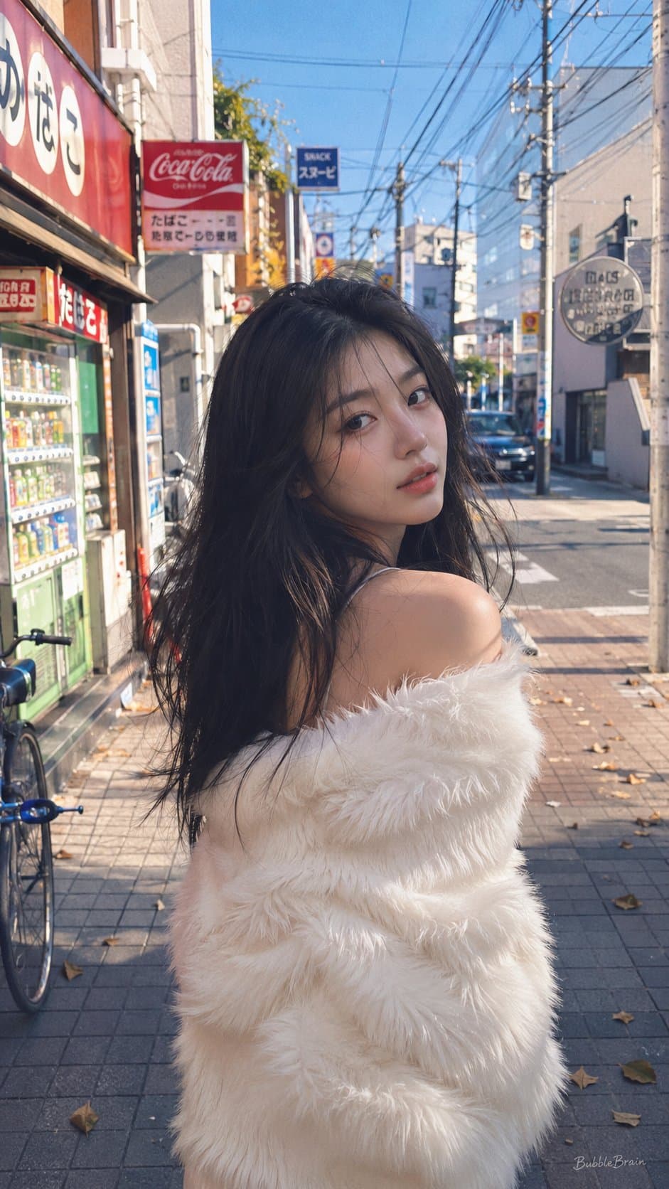 따뜻한 랜턴, 젖은 보도, 패션 스트리트웨어, 얕은 심도, 그레인 야간 조명이 있는 시네마틱 도쿄 골목 필름 포트레이트.