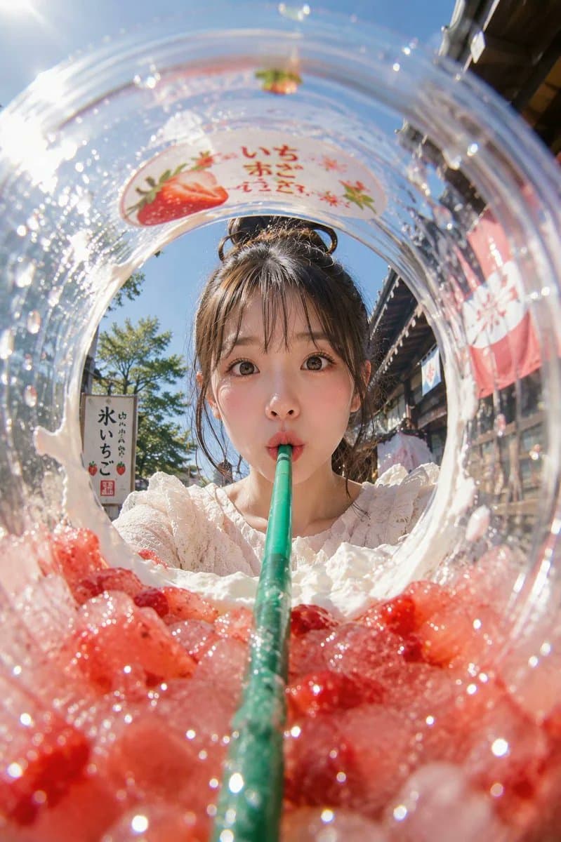 AI生成例:Fisheye beverage ad seen from inside a clear cup with strawberry ice, green straw, and a young woman drinking above it.