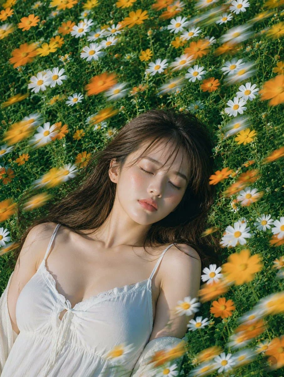 AI生成例:Dreamy realistic portrait of a woman lying in a summer flower field with daisies, warm sunlight, and wind motion blur.