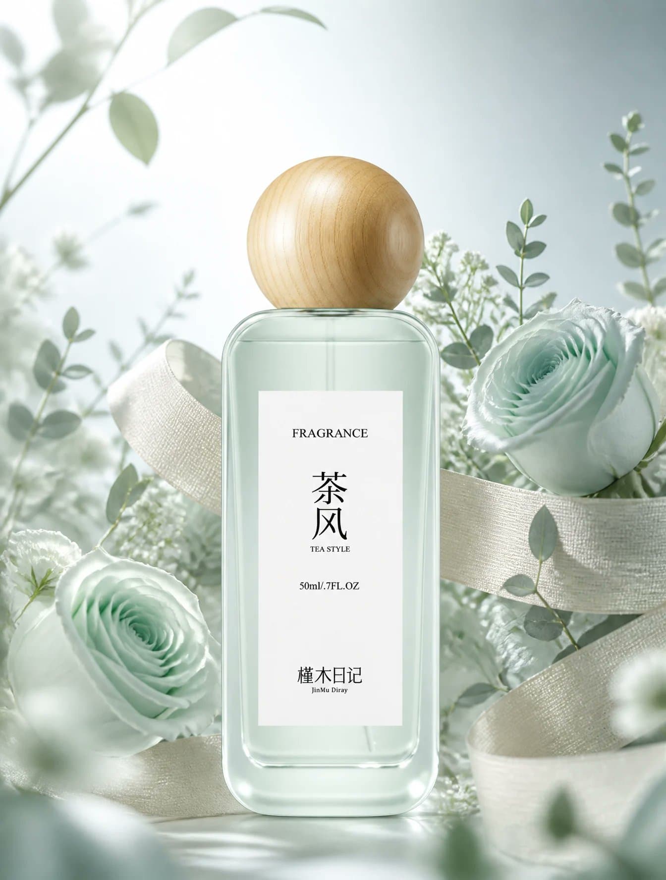Ejemplo generado con IA: Mint green perfume bottle with wooden cap, beige ribbon, pale roses, soft backlight, and premium e-commerce composition.