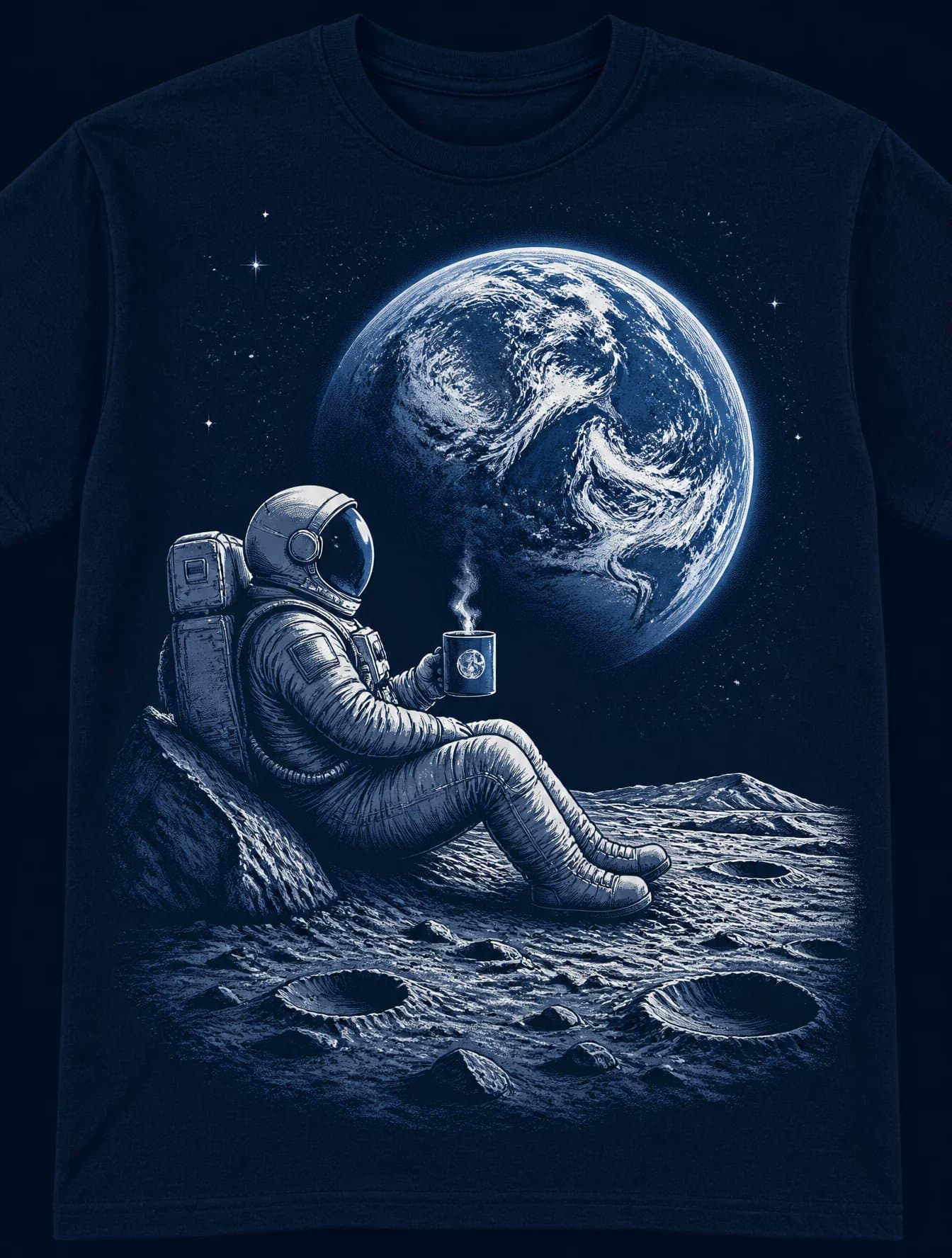 AI生成例:Dark navy t-shirt graphic of an astronaut seated on the moon holding a mug with Earth glowing in the background.