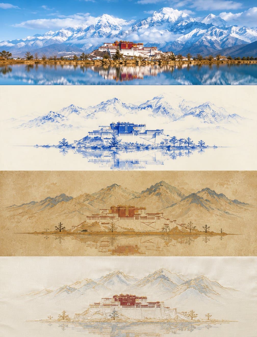 AI生成例:Vertical four-panel poster showing one photo transformed through blue-white porcelain, Dunhuang mural, and embroidery visual styles.