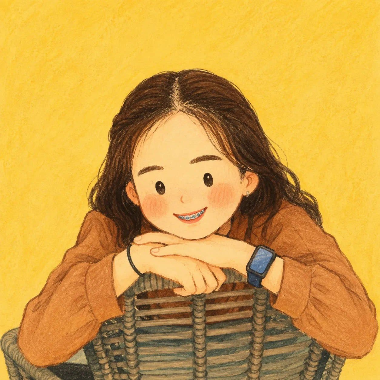 AI生成例:Hand-drawn storybook avatar preserving the original face, hairstyle, clothing, and accessories from a reference portrait.