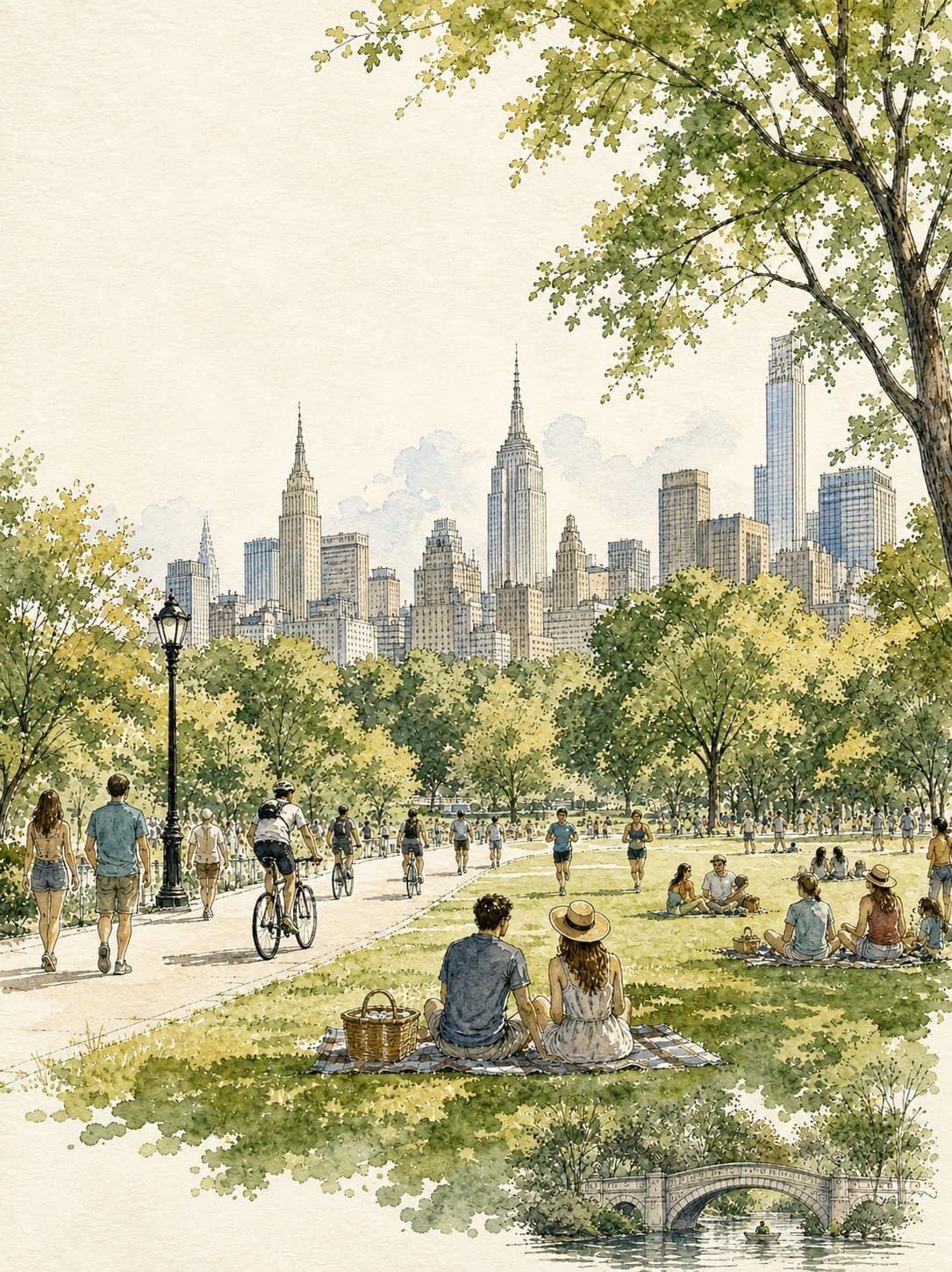 Watercolor travel illustration of a sunny Manhattan-style park with lawn, visitors, skyline, and vintage poster texture.