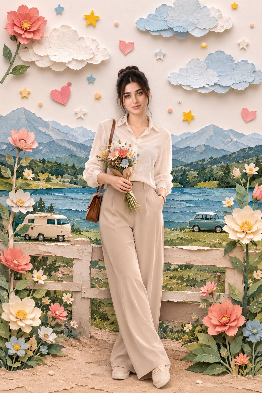 AI生成例:Handcrafted paper-collage countryside portrait of a girl standing in a whimsical rural diorama scene.