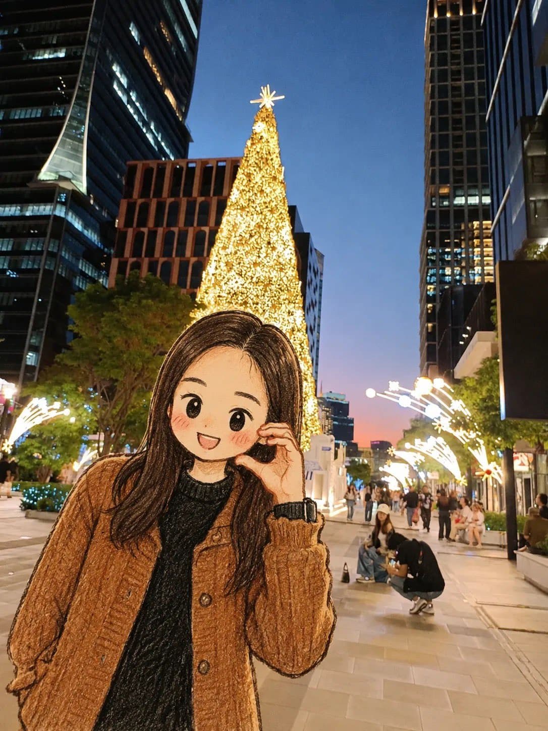 真实圣诞街景中的 Chibi 风人物肖像,带节日灯光和自然背景景深。