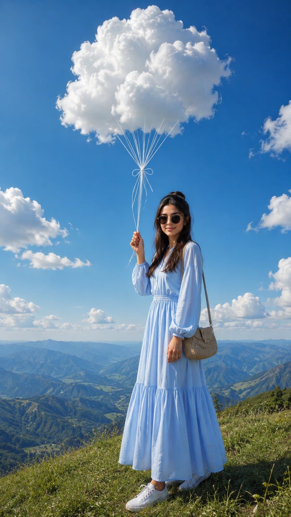 山脊旅行人像,天空漂浮云朵气球,光线柔和且有时尚编辑氛围。