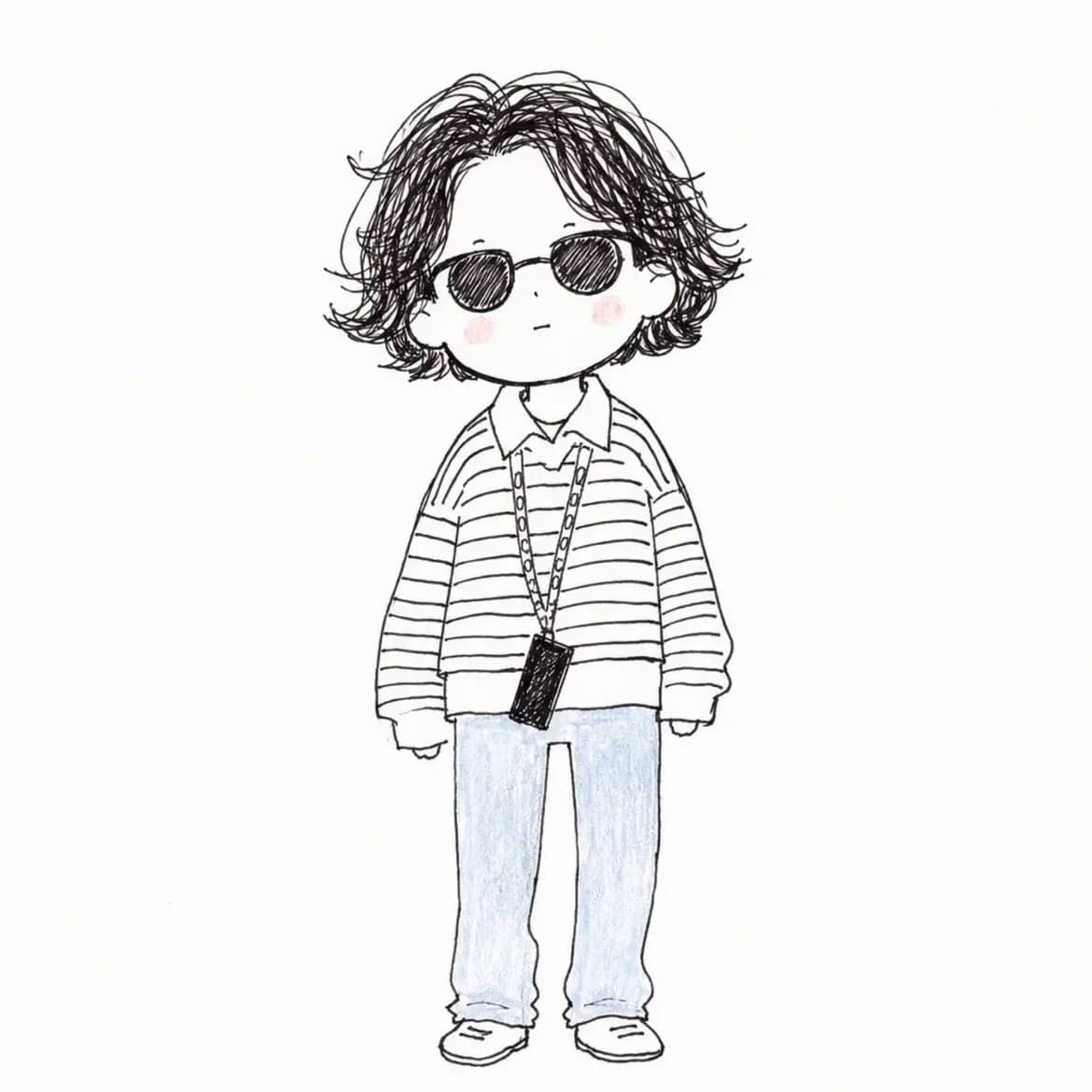 表情豊かなドゥードゥル線とクリーンな編集構図の手描きファッションキャラクター。