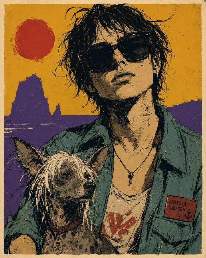 Raues Porträtposter einer Person mit Tierbegleiter, schwarzen Tintenkonturen und warmem Elfenbeinrand.