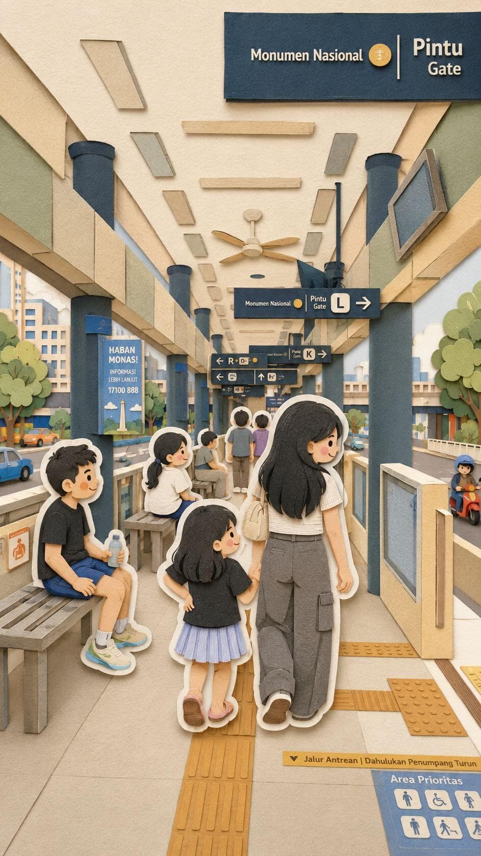 스티커 같은 가족 여행자, 웨이파인딩 사인, 플랫폼 디테일, 핸드메이드 카드보드 질감이 있는 레이어드 페이퍼크래프트 어반 대중교통 역 디오라마.